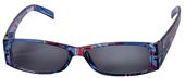 Flot l�sebrille til damer. Stellet er i bl�-m�nstret plast. +2,00. St�rrelsen er en stor medium.
